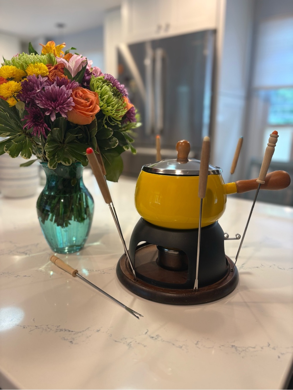 Gorgeous genuine vintage yellow Fondue Pot Set with Wooden Forks